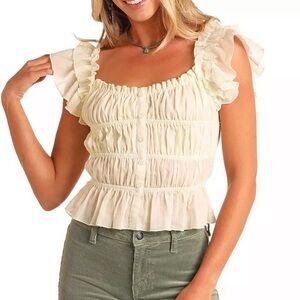 Rock & Roll Denim Ruffle Blouse in Cream